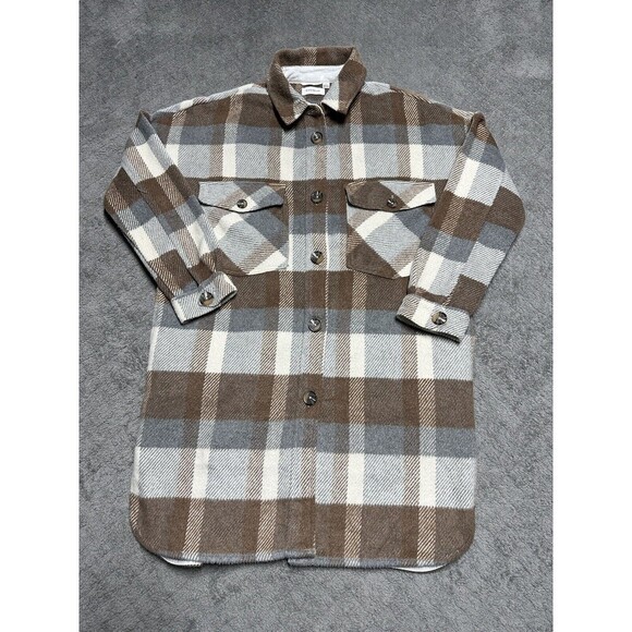 EVEREVE Shacket Flannel Plaid Mid Length Button‎ Up Brown Size L Pockets - Picture 1 of 10